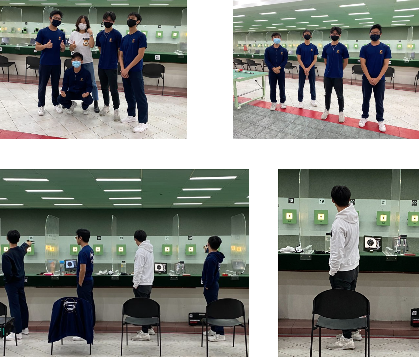 Four photos of young people in navy shirts posing and practicing at an indoor shooting range with numbered target lanes.